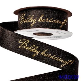  Boldog karácsonyt feliratos csillogó szatén szalag 25mm x 10m - Fekete