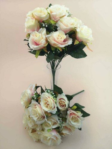 Rózsa 18 nyílott fejes dús selyemvirág csokor díszítővel 36 cm - Krém-Rózsaszín