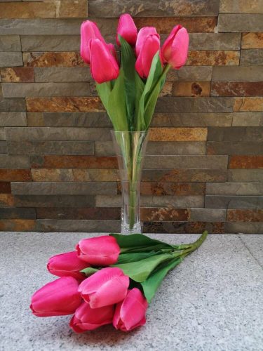 Tulipán 7 fejes selyemvirág csokor 35 cm - Élénk Rózsaszín