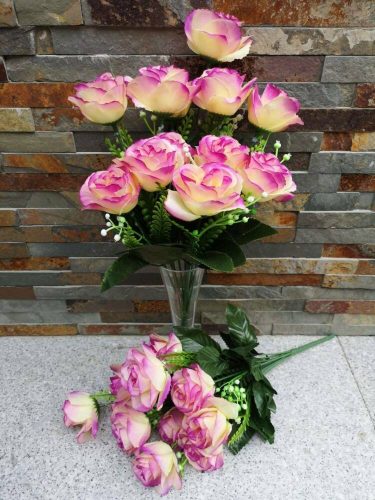 Rózsa 12 fejes selyemvirág csokor díszítőkkel 40 cm - Krém-Világos Lila Cirmos