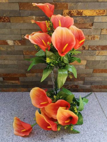 Kála 9 fejes selyemvirág csokor 42 cm - Narancs