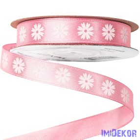 Virágmintás szatén szalag 12mm x 20m - Rózsaszín
