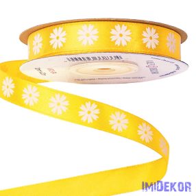   Virágmintás szatén szalag 12mm x 20m - Sötét citromsárga