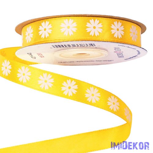 Virágmintás szatén szalag 12mm x 20m - Sötét citromsárga