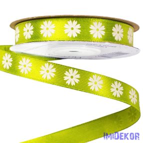 Virágmintás szatén szalag 12mm x 20m - Teazöld