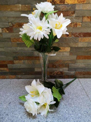 Gerbera rózsa liliom 7 fejes selyemvirág csokor 38 cm - Fehér