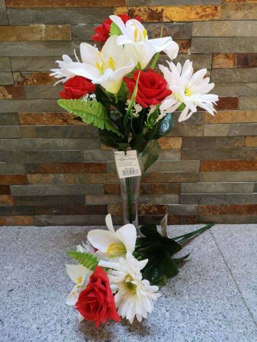 Gerbera rózsa liliom 7 fejes selyemvirág csokor 38 cm - Fehér-Piros
