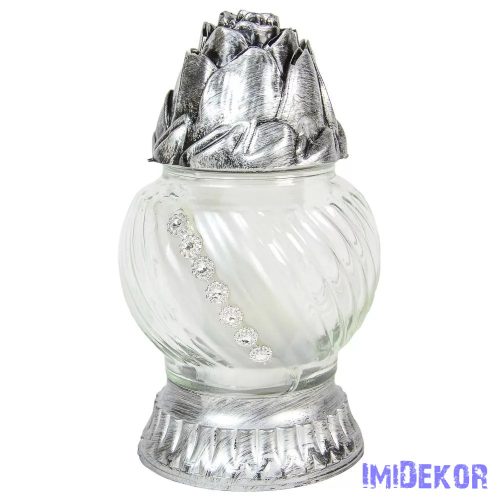 Átlósan ezüst strasszos üvegmécses ezüst talppal és rózsás fedéllel mécses betéttel áttetsző üveg 20 cm