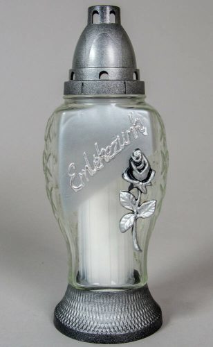 Emlékezünk feliratos modern üvegmécses rózsával antikolt ezüst fedéllel és talppal betéttel 29 cm