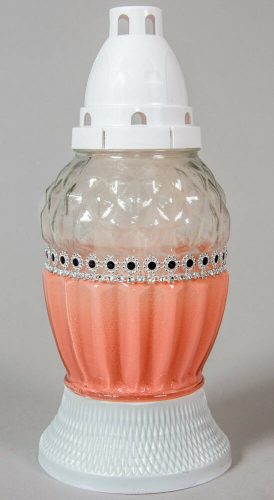 Középen strasszos lazac üvegmécses fehér fedeles talpas mécses betéttel 26 cm
