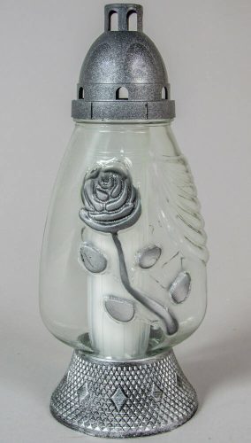 Rózsás ezüst glitteres üvegmécses ezüst antikolt fedeles talpas mécses betéttel 33 cm
