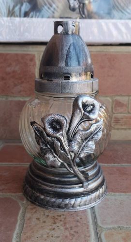 Ezüst kálás gömb üvegmécses antikolt talppal és fedéllel mécses betéttel 20 cm