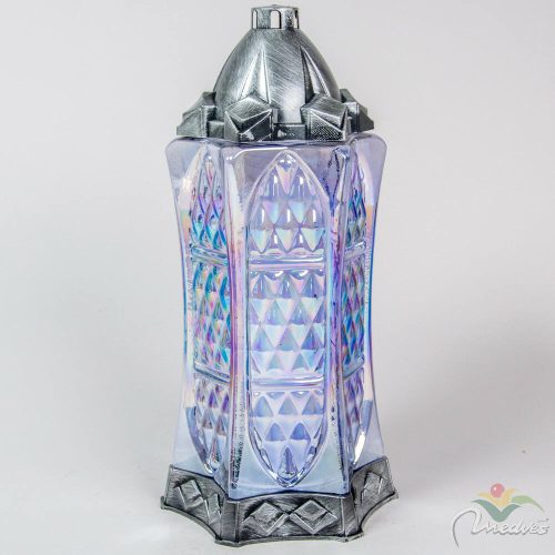 Gyöngyházas tükröződő díszes lila tömb üvegmécses antikolt különleges ezüst talppal fedéllel 40 cm