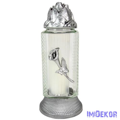 Ezüst kálás díszes hasáb üvegmécses antikolt ezüst talppal rózsás fedéllel betéttel 27 cm