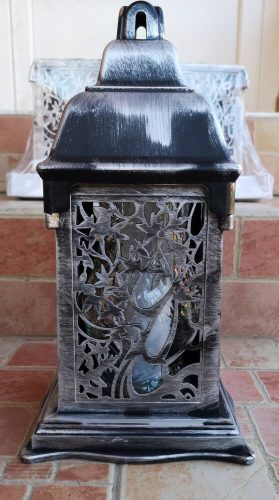 Mintás katedrális borítású üvegmécses antikolt ezüst mécses betéttel 33 cm