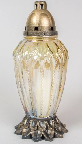Gyöngyházas tükröződő díszes üvegmécses antikolt különleges arany talppal fedéllel betéttel 37 cm