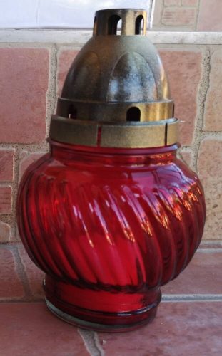 Nagy gömb üvegmécses antikolt fedéllel mécses betéttel piros üveg 18 cm