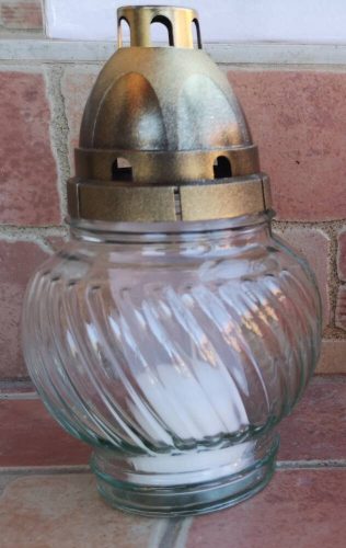 Nagy gömb üvegmécses antikolt fedéllel mécses betéttel fehér áttetsző üveg 18 cm