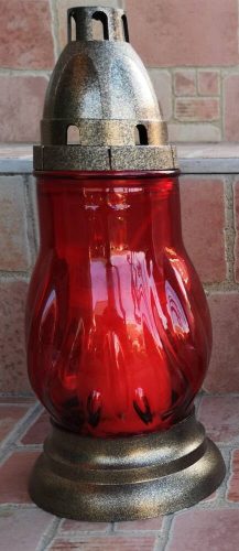Csepp alakú piros üvegmécses antikolt arany fedeles talpas mécses betéttel 24 cm